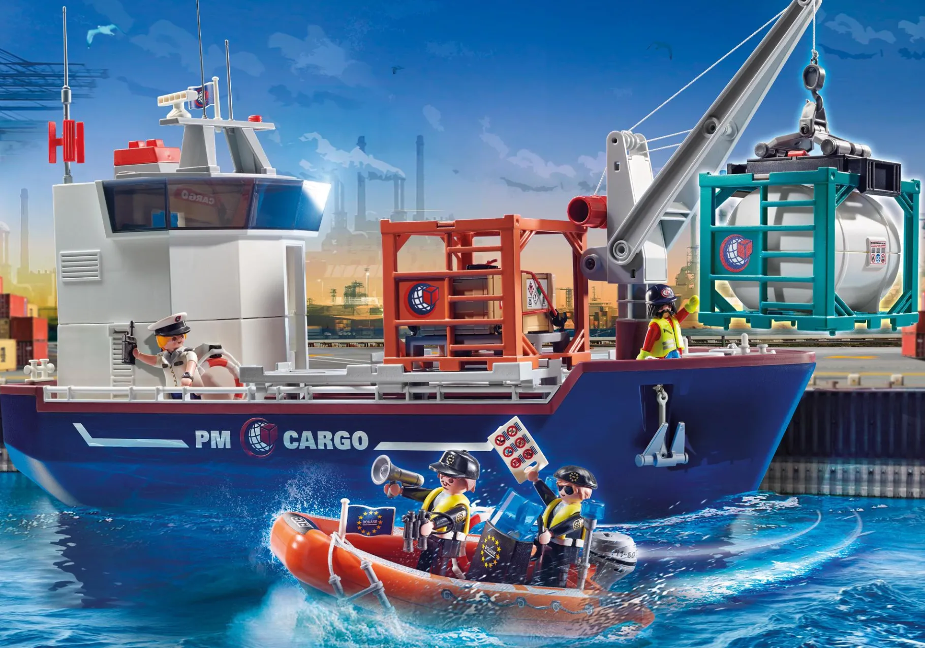 Großes Containerschiff mit Zollboot-PLAYMOBIL Clearance
